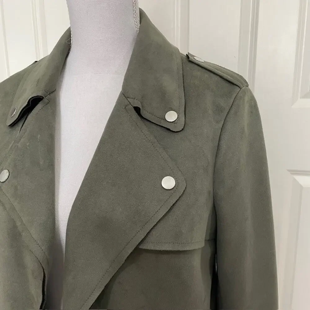 INC Medium Olive Green Faux Suede Vegan Drape Front Jacket Edgy Zipper Woman